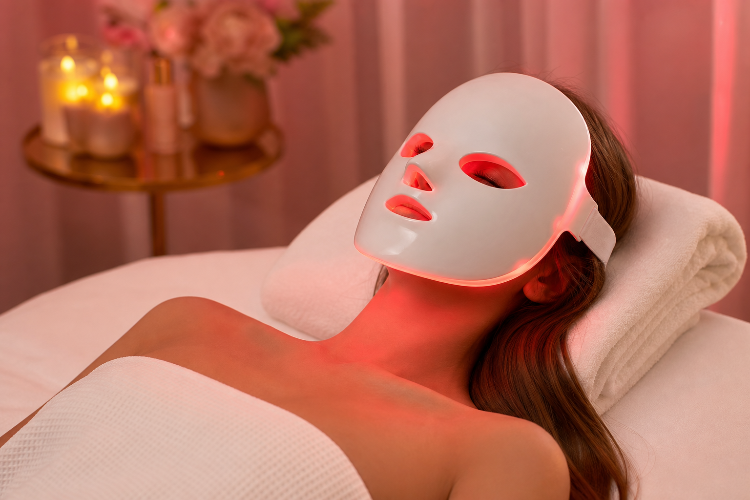 Femme allongée portant un masque LED visage rouge dans un environnement spa luxueux